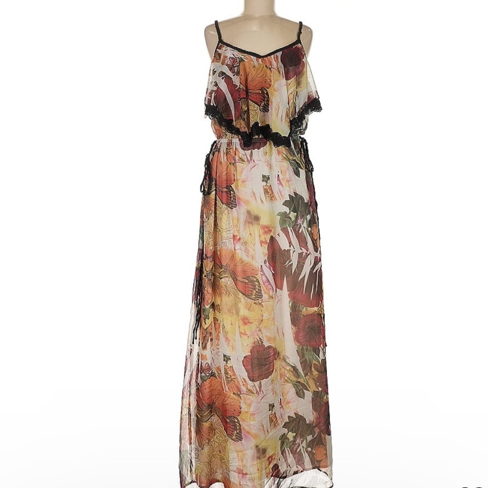 Floral Chiffon Maxi Dress with Black Trim